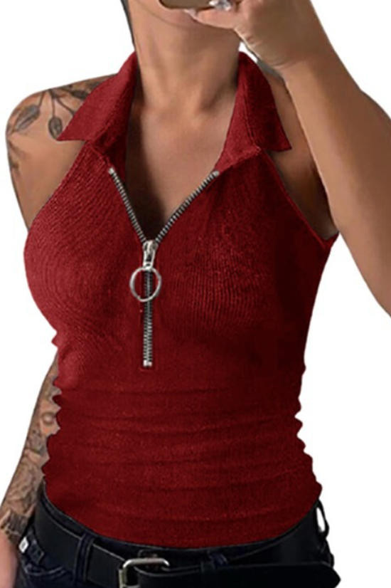 Solid Color Lapel Zipper Sleeveless Vest 