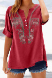 Retro Embroidered V-neck Seven Quarter Sleeved Shirt