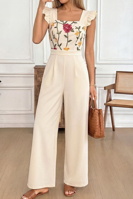 Retro Square Neck Ruffled Wide Leg Jumpsuit