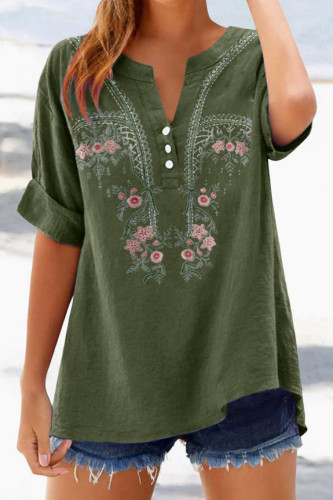 Retro Embroidered V-neck Seven Quarter Sleeved Shirt