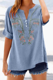 Retro Embroidered V-neck Seven Quarter Sleeved Shirt