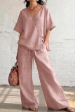 V-neck Short Sleeved T-shirt Wide Leg Pants 2-piece Set