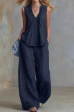 V-neck Pleated Vest Wide Leg Pants 2-piece Set