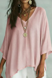 Large Size Solid Color V-neck Bat Sleeve T-shirt