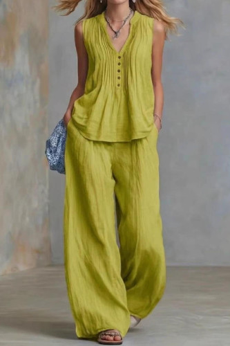 V-neck Pleated Vest Wide Leg Pants 2-piece Set