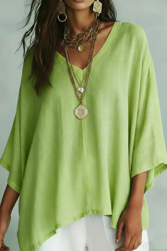 Large Size Solid Color V-neck Bat Sleeve T-shirt