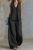V-neck Pleated Vest Wide Leg Pants 2-piece Set