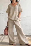 V-neck Short Sleeved T-shirt Wide Leg Pants 2-piece Set