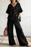 V-neck Short Sleeved T-shirt Wide Leg Pants 2-piece Set