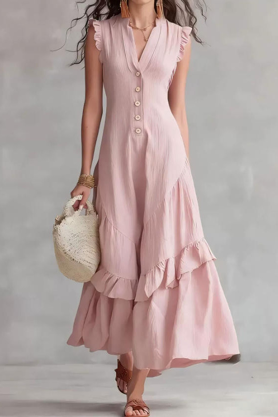 Solid Color V-neck Ruffled Sleeveless Dress