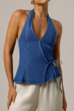 V-neck Lace Up Hanging Neck Backless Denim Vest