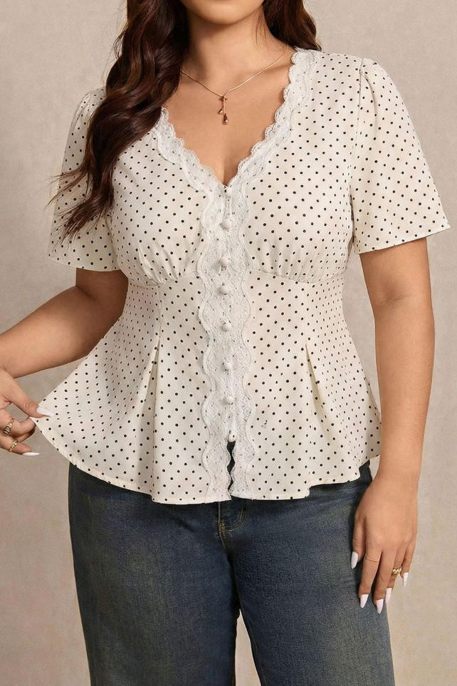 Large Size Polka Dot Lace Waist Cinched Shirt