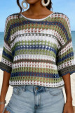 Hollow Out Contrasting Striped Knitted Sweater