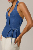 V-neck Lace Up Hanging Neck Backless Denim Vest