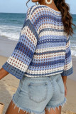 Hollow Out Contrasting Striped Knitted Sweater