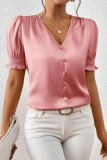 Satin V-neck Short Sleeved Ruffled Shirt