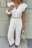 V-neck Lace Ruffled Sleeve Hollow Jumpsuit