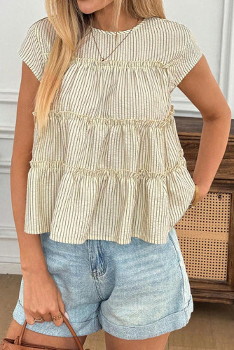 Striped Ruffled Short Sleeved Round Neck T-shirt