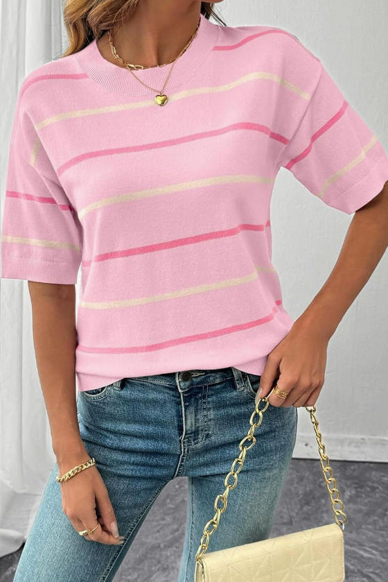Striped Contrasting Short Sleeved Knitted Sweater