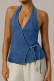 V-neck Lace Up Hanging Neck Backless Denim Vest