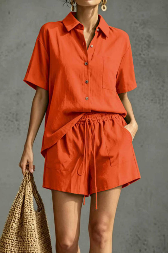 Lapel Short Sleeved Shirt Shorts Two-piece Set