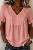 Solid Color V-neck Flared Sleeve Pleated Shirt