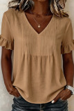 Solid Color V-neck Flared Sleeve Pleated Shirt