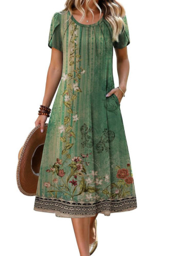 Round Neck Short Sleeved Printed Dress