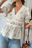 V-neck Bubble Short Sleeve Lace Chiffon Shirt