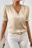 Satin V-neck Short Sleeved Ruffled Shirt