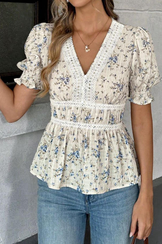 V-neck Bubble Short Sleeve Lace Chiffon Shirt