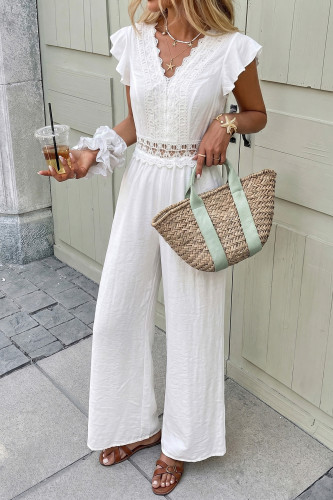 V-neck Lace Ruffled Sleeve Hollow Jumpsuit