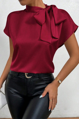 Solid Color Short Sleeved Bow Satin Shirt