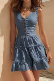 Large Size V-neck Button Sleeveless Ruffle Dress
