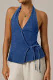 V-neck Lace Up Hanging Neck Backless Denim Vest