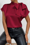 Solid Color Short Sleeved Bow Satin Shirt