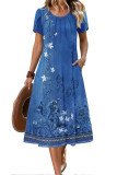 Round Neck Short Sleeved Printed Dress