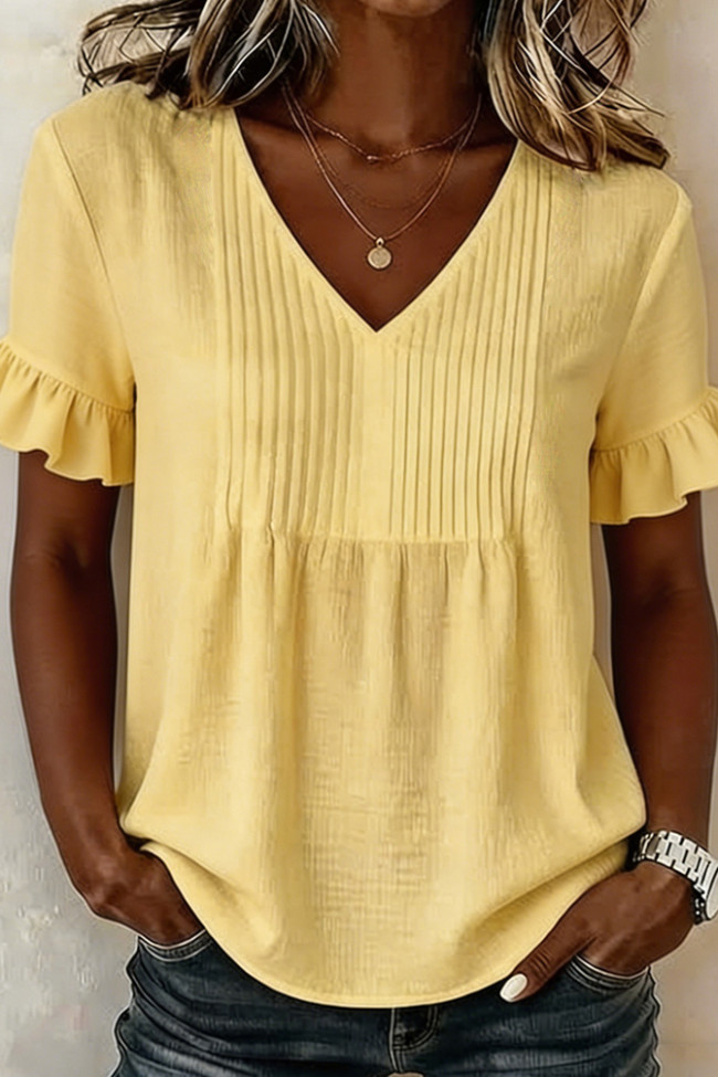 Solid Color V-neck Flared Sleeve Pleated Shirt
