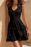 Large Size V-neck Button Sleeveless Ruffle Dress