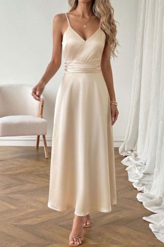 Satin V-neck Waist Cinched Suspender Dress