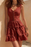 Large Size V-neck Button Sleeveless Ruffle Dress