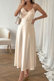 Satin V-neck Waist Cinched Suspender Dress