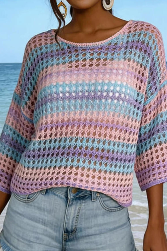 Hollow Out Contrasting Striped Knitted Sweater
