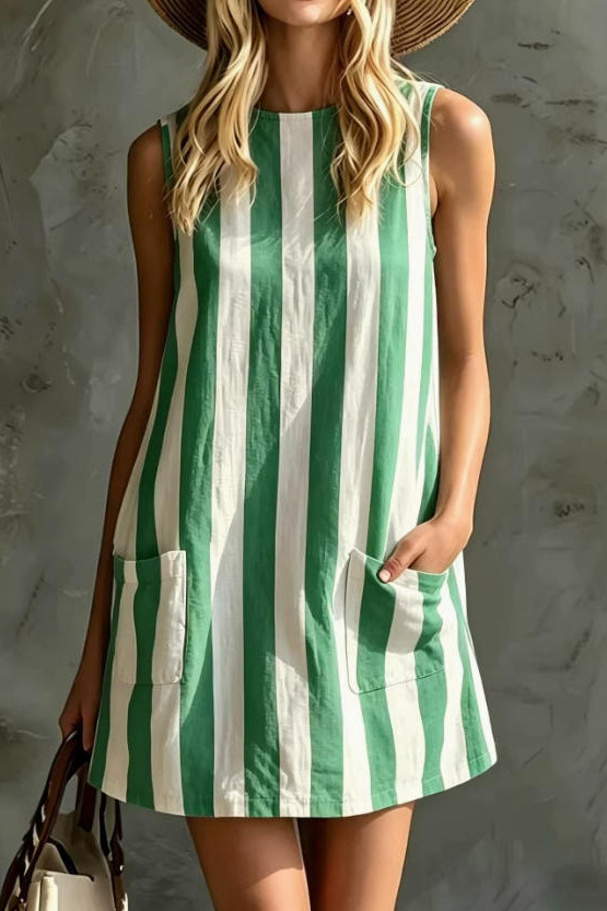 Retro Striped Sleeveless Round Neck Mini Dress