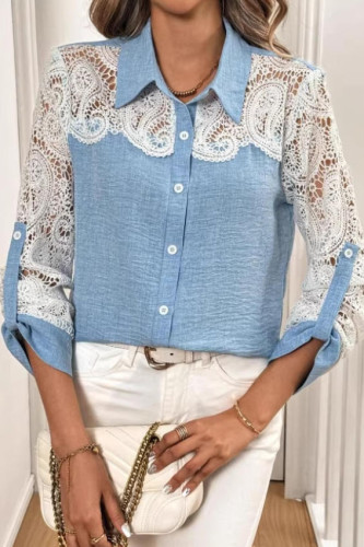 Lace Hollowed Out Lapel Button Shirt