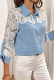 Lace Hollowed Out Lapel Button Shirt