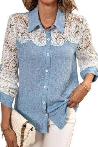 Lace Hollowed Out Lapel Button Shirt