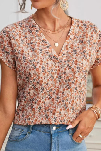 Floral Print Short Sleeved Ruffle Edge Shirt
