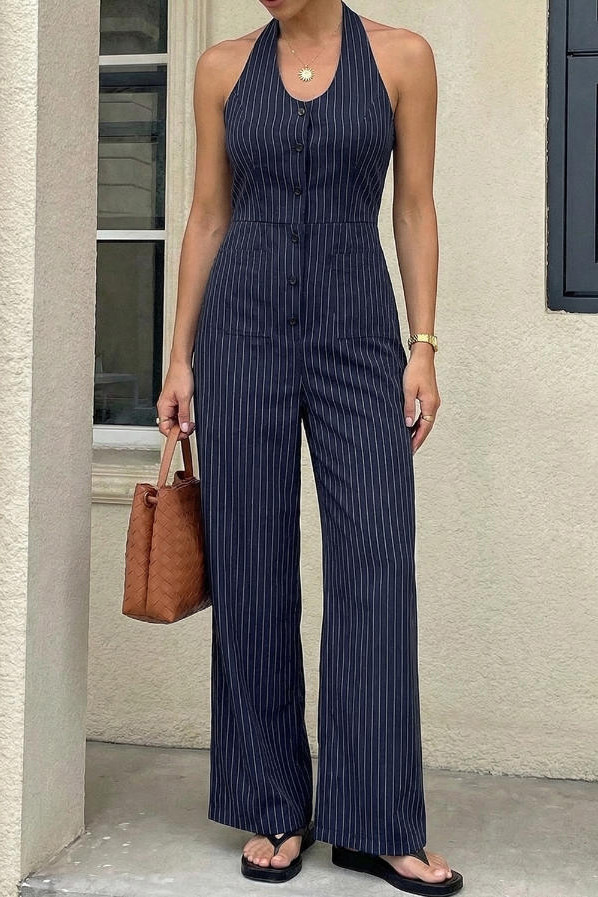 Retro Striped Hanging Neck Backless Jumpsuit