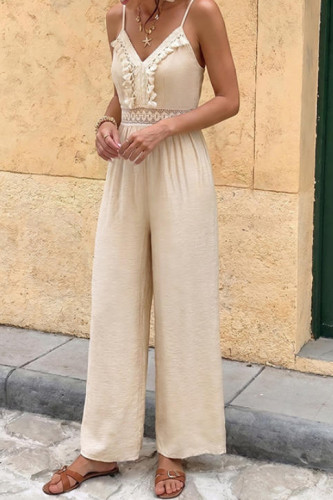 Solid Color Lace V-Neck Fringe Camisole Jumpsuit